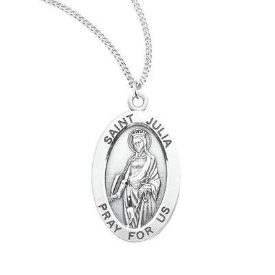 St. Julia of Corsica sterling silver oval medal quill pen, chains and sword, HMH Religious