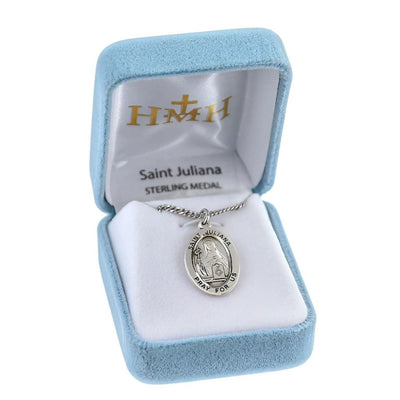 St. Juliana of Cumae sterling silver oval medal lily and book in gift box, HMH Religious