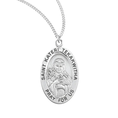 St. Kateri sterling silver oval medal cross and feathers, HMH Religious