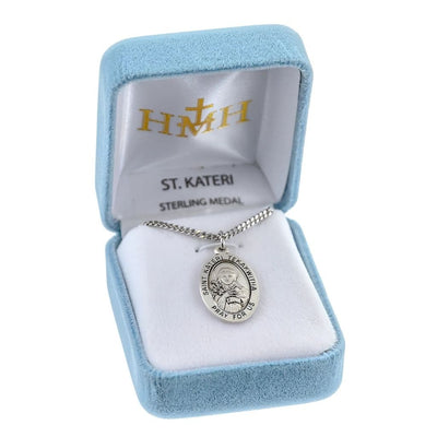 St. Kateri sterling silver oval medal cross and feathers in gift box, HMH Religious