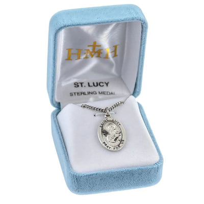 St Lucy sterling silver oval medal pendant holding palms in gift box, HMH Religious