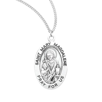 St. Mary Magdalene sterling silver oval medal with a cross and jar of oil, HMH Religious