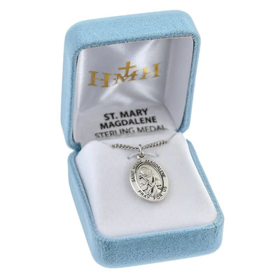 St. Mary Magdalene sterling silver oval medal with a cross and jar of oil in gift box, HMH Religious