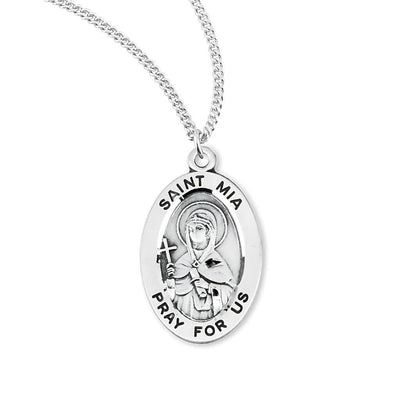 St. Mia sterling silver oval medal with a cross and scroll, HMH Religious