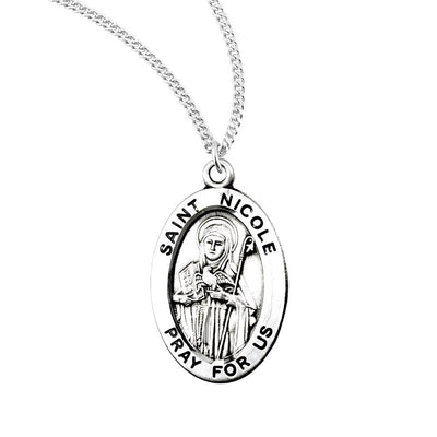 St. Nicole sterling silver oval medal with a book, bird and staff, HMH Religious