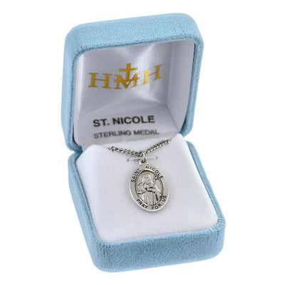 St. Nicole sterling silver oval medal with a book, bird and staff in gift box, HMH Religious