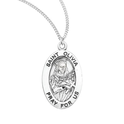 St. Olivia sterling silver oval medal with a cross and flowers, HMH Religious