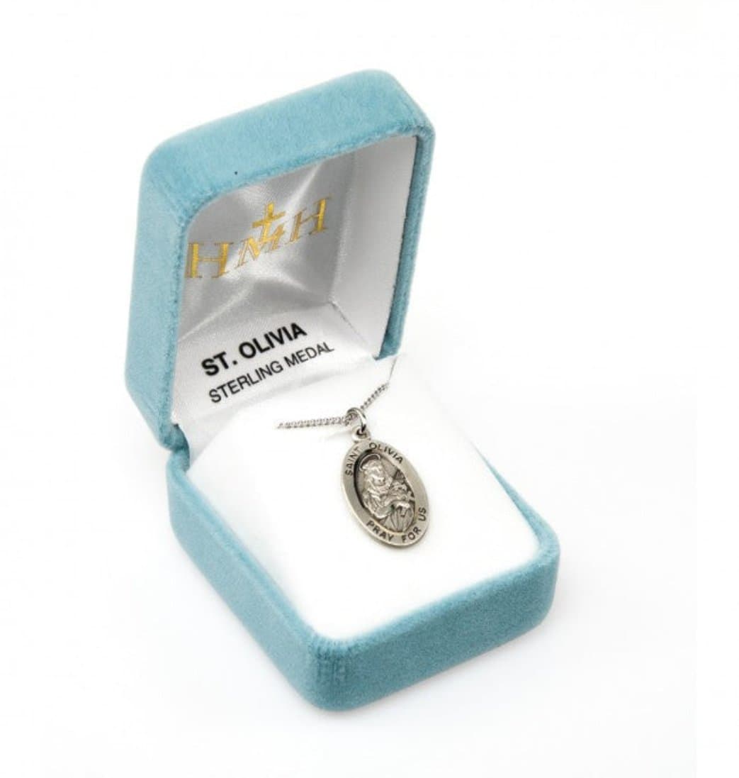 HMH Religious St Olivia Oval Sterling Silver Medal Necklace in Box,