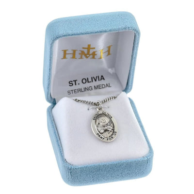 St. Olivia sterling silver oval medal with a cross and flowers in gift box, HMH Religious