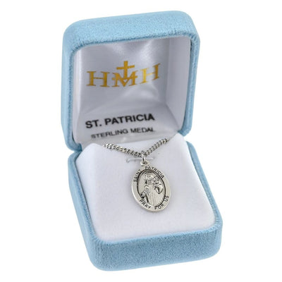 St Patricia sterling silver oval medal with flowers in gift box, HMH Religious