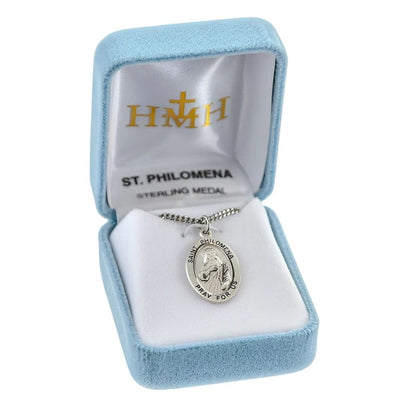 St. Philomena sterling silver oval medal with a palm in gift box, HMH Religious