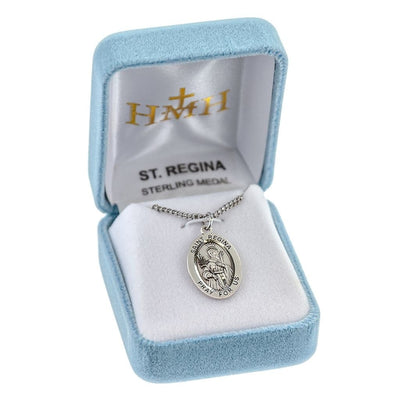 St Regina sterling silver oval medal with a palm and staff in gift box, HMH Religious