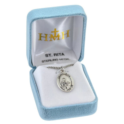 St. Rita sterling silver oval medal kneeling before an altar in nun's clothing in gift box, HMH Religious