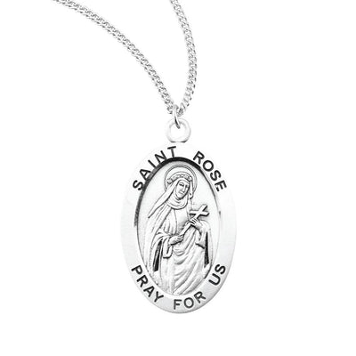 St. Rose of Lima sterling silver oval medal with a cross, HMH Religious