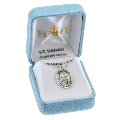 St. Sarah sterling silver oval medal with a bowl of fruit in gift box, HMH Religious