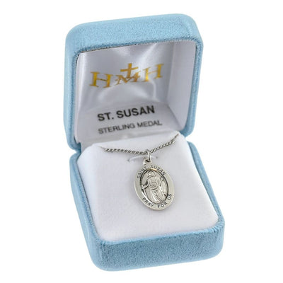 St. Susan sterling silver oval medal holding a sword in gift box, HMH Religious