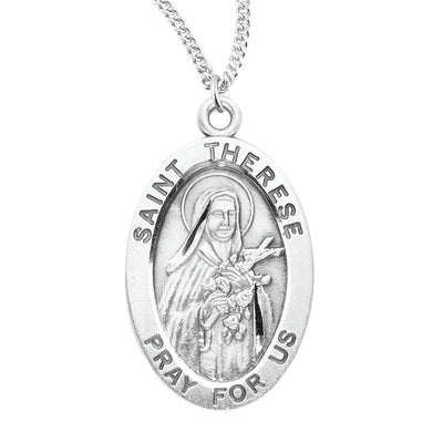 St Therese of Lisieux sterling silver oval medal with crucifix and roses, HMH Religious