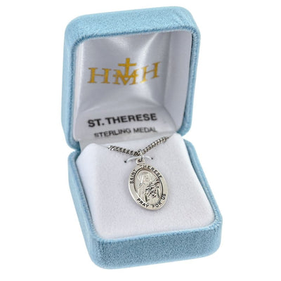 St Therese of Lisieux sterling silver oval medal with crucifix and roses in gift box, HMH Religious