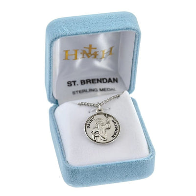 St. Brendan sterling silver medal with 20" Chain in gift box, HMH Religious