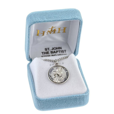 St. John the Baptist sterling silver medal with 20" Chain in gift box, HMH Religious