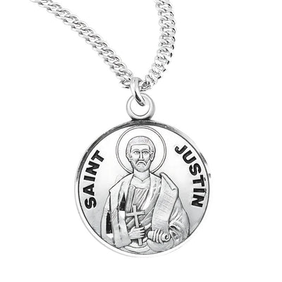 St. Justin Round Sterling Silver Medal Necklace with 20" Chain, HMH Religious