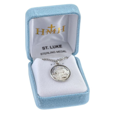 St. Luke Round Sterling Silver Medal Necklace with 20" Chain in gift box, HMH Religious