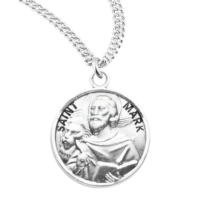 St. Mark Round Sterling Silver Medal Necklace with 20" Chain, HMH Religious