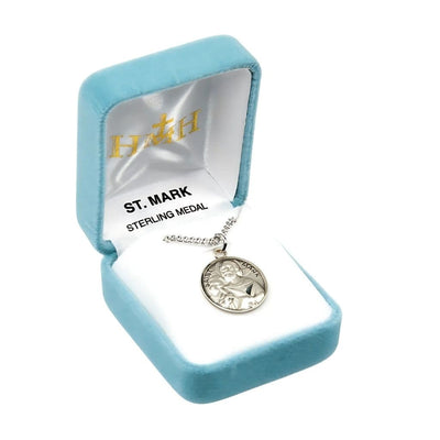 St. Mark Round Sterling Silver Medal Necklace with 20" Chain in gift box, HMH Religious