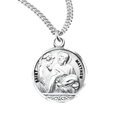 St. Matthew the Apostle Round Sterling Silver Medal Necklace with 20", HMH Religious