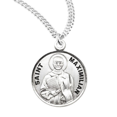 St. Maximilian Kolbe Round Sterling Silver Medal Necklace with 20", HMH Religious