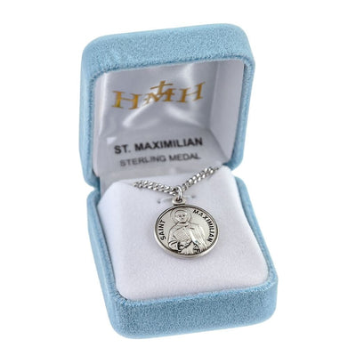 St. Maximilian Kolbe Round Sterling Silver Medal Necklace with 20" in gift box, HMH Religious