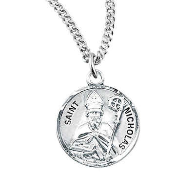 St. Nicholas holding a scroll Round Sterling Silver Medal Necklace with 20" 316 surgical stainless steel curb chain, HMH Religious