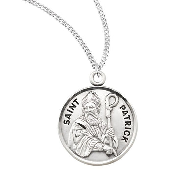 St. Patrick with a bishop's miter with staff Round Sterling Silver Medal Necklace with 20" 316 surgical stainless steel curb chain, HMH Religious