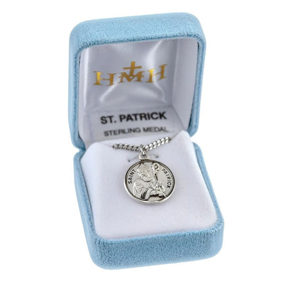 St. Patrick with a bishop's miter with staff Round Sterling Silver Medal Necklace with 20" 316 surgical stainless steel curb chain in a gift box, HMH Religious