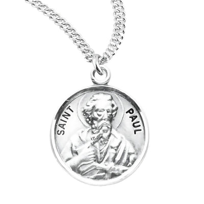 St. Paul Round with a sword and book Sterling Silver Medal Necklace with 20" 316 surgical stainless steel curb chain, HMH Religious