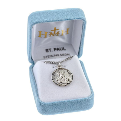 St. Paul Round with a sword and book Sterling Silver Medal Necklace with 20" 316 surgical stainless steel curb chain in gift box, HMH Religious