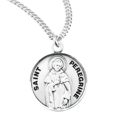 St. Peregrine holding a cross Round Sterling Silver Medal Necklace with 20" 316 surgical stainless steel curb chain, HMH Religious
