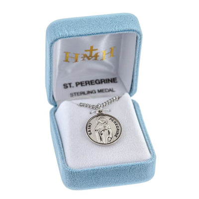 St. Peregrine holding a cross Round Sterling Silver Medal Necklace with 20" 316 surgical stainless steel curb chain in gift box, HMH Religious