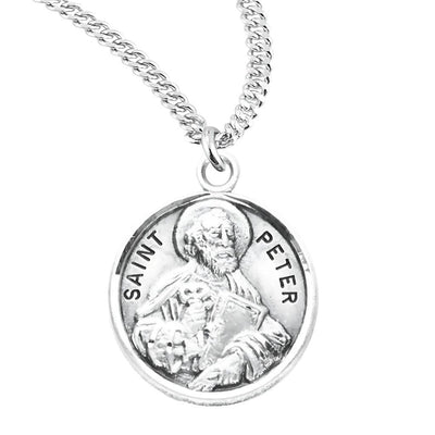 St Peter the Apostle holding a book Round Sterling Silver Medal with 20" 316 surgical stainless steel curb chain, HMH Religious