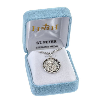 St Peter the Apostle holding a book Round Sterling Silver Medal with 20" 316 surgical stainless steel curb chain in gift box, HMH Religious