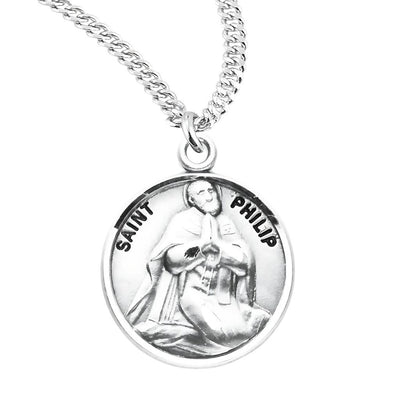 St. Philip the Apostle kneeling in prayer Round Sterling Silver Medal Necklace with 20" 316 surgical stainless steel curb chain, HMH Religious
