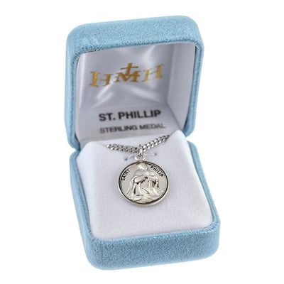 St. Philip the Apostle kneeling in prayer Round Sterling Silver Medal Necklace with 20" 316 surgical stainless steel curb chain in gift box, HMH Religious