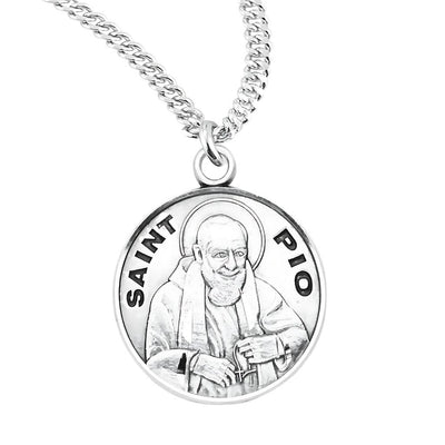St Pio of Pietrelcina depicting him in priestly vestments with stigmata Round Sterling Silver Medal with 20" 316 surgical stainless steel curb chain, HMH Religious