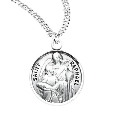 St. Raphael the Archangel depicting him with a traveler's staff and fish Round Sterling Silver Medal Necklace with 20" 316 surgical stainless steel curb chain, HMH Religious