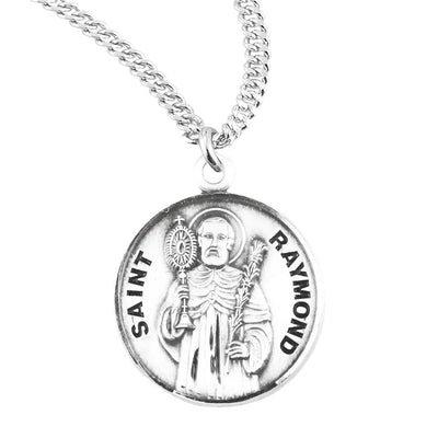 St. Raymond Nonnatus holding a monstrance and palms sterling silver round medal with 20" 316 surgical stainless steel curb chain, HMH Religious
