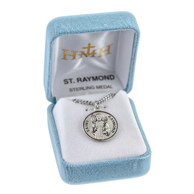 St. Raymond Nonnatus holding a monstrance and palms sterling silver round medal with 20" 316 surgical stainless steel curb chain in gift box, HMH Religious
