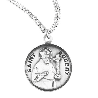 St. Robert with a crucifix sterling silver round medal with 20" 316 surgical stainless steel curb chain, HMH Religious