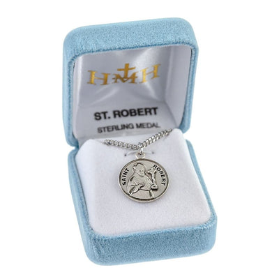 St. Robert with a crucifix sterling silver round medal with 20" 316 surgical stainless steel curb chain in gift box, HMH Religious