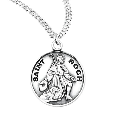 St. Roch with staff and dog sterling silver round medal with 20" 316 surgical stainless steel curb chain, HMH Religious