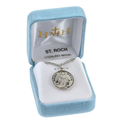 St. Roch sterling silver round medal with a dog and staff comes with a 20" 316 surgical stainless steel curb chain gift box, HMH Religious